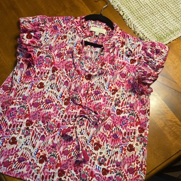 Pink Patterned Blouse with Ruffle Sleeves - Picture 1 of 4